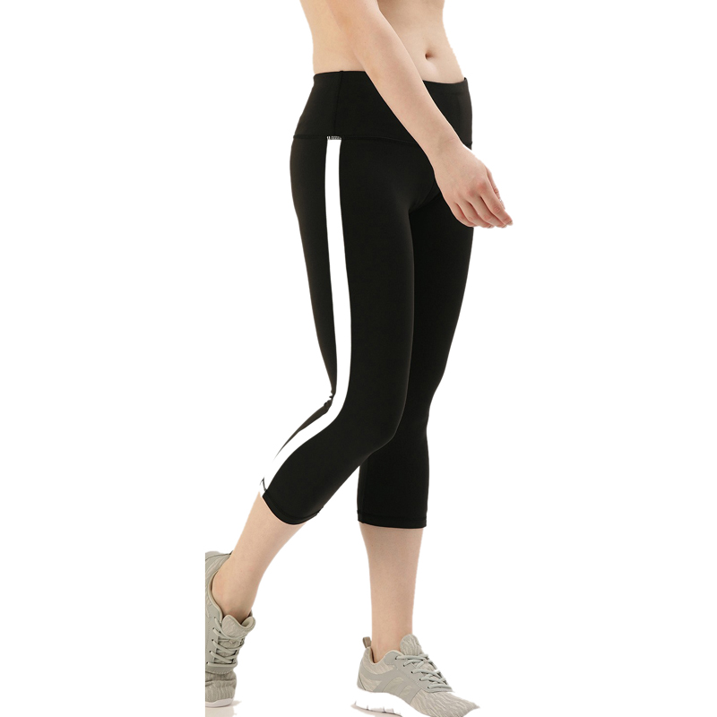 Solid Black Side Striped Yoga Capri Pants